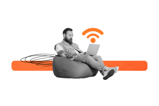 Composite photo collage of serious busy freelancer man surf laptop work fast connection 5g wifi network isolated on white color background