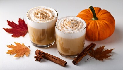 Two Autumn Lattes With Pumpkin And Cinnamon Sticks On A White Surface