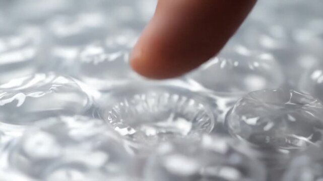 Human Finger Gently Presses And Pops Clear Bubble Wrap Surface