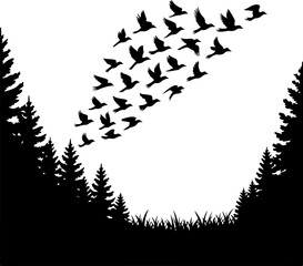 Birds in V-formation flying over a forest, embodying freedom, migration, and nature's journey