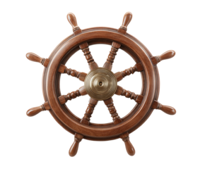 Classic wooden ships wheel for nautical decor and maritime themes, isolated on transparent cutout background

