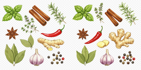 A vibrant display of culinary herbs and spices, including basil, cinnamon, chili, and garlic. © studio