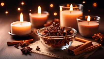 Close Up Of Candles And A Glass Bowl Filled With Cinnamon Sticks And Star Anise On A Table Top
