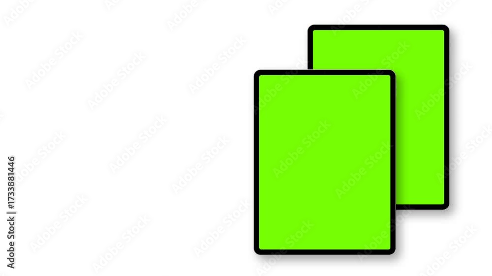 Wall mural animated mockup of two tablet computers with vertical green screens, front view, isolated on white b