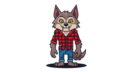 A cartoon illustration of a werewolf character wearing a red plaid shirt and blue jeans.