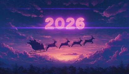 Neon Santa Sleigh Reindeer Flying Through Bright Purple Clouds With Year 2026 Display