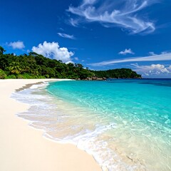 Pristine white sand beach meets turquoise ocean under a vibrant blue sky; gentle waves lap the shore