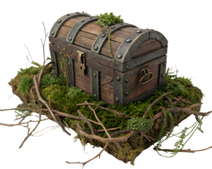 Mysterious Wooden Treasure Chest on Mossy Island with Rustic Details and Enchanted Forest Vibe Isolated on Black Background