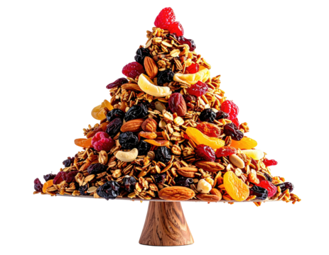 Granola and dried fruit shaped like a Christmas tree on a wooden pedestal