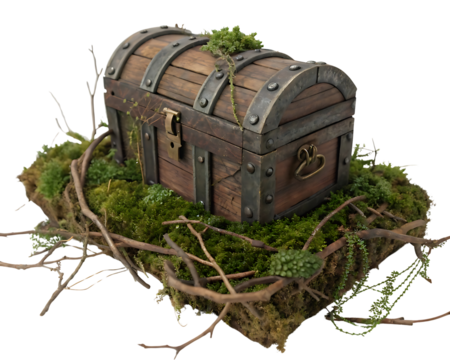 Mysterious Wooden Treasure Chest on Mossy Island with Rustic Details and Enchanted Forest Vibe Isolated on Black Background