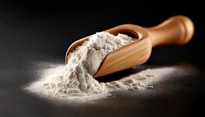 Wooden Scoop With Probiotic Powder On Black