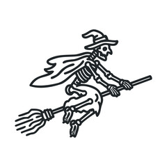 Fototapeta premium Skeleton witch flying on broomstick for Halloween celebration design. Vector line illustration
