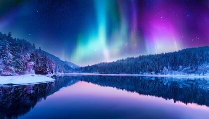 Beautiful Winter Solstice Landscape Violet And Icy Blue Northern Lights Reflecting In The Lake Merry Christmas And Happy New Year Greeting Card Background