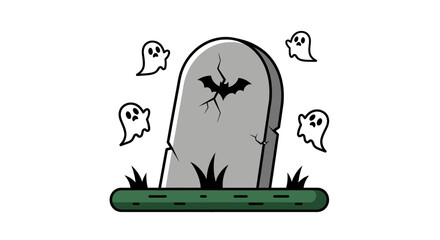 A cartoon illustration of a spooky graveyard scene with a tombstone, a bat, and four cute ghosts.