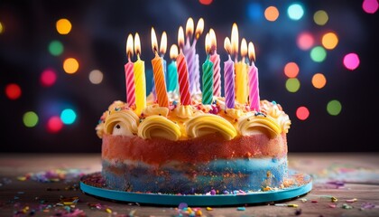 Colorful Birthday Cake With Lots Of Candles
