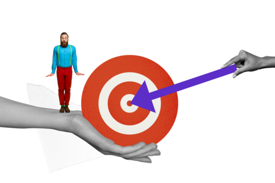 Creative collage picture young gentleman standing hand body fragment target goal achievement success inspiration leadership