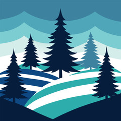 Obraz premium Stylized winter landscape with pine trees and rolling hills
