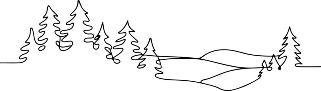 Minimalist continuous one line drawing of a pine tree forest on rolling hills. Simple nature landscape vector art illustration