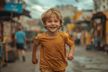 A cheerful young boy in a yellow shirt runs joyfully down a vibrant street, capturing the essence of childhood freedom and happiness in an urban setting.