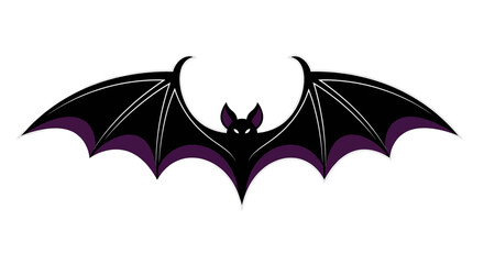 A stylized graphic illustration of a black and purple bat with its wings spread wide, isolated on a white background.