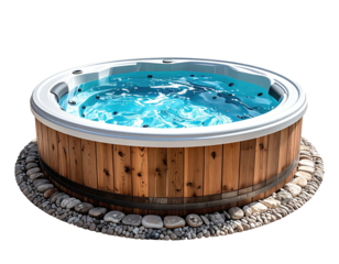 Round wooden hot tub with bubbling blue water and stone edging