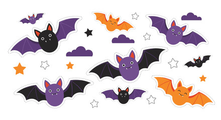 A collection of cute cartoon bats in various colors and poses, set against a white background with stars and clouds.
