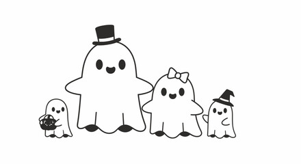 A charming black and white line drawing of a cute ghost family celebrating Halloween together.