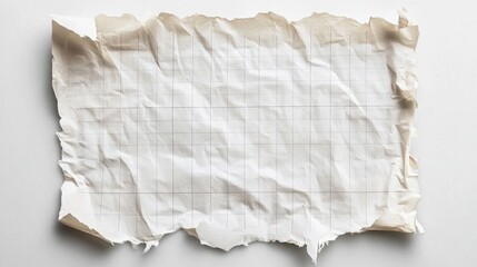 Obraz premium A crumpled piece of graph paper with torn edges on a white surface in a studio shot overhead view