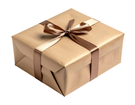 Square gift box wrapped in brown paper, tied with a silk ribbon, floating