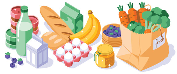 Isometric illustration of groceries including bread bananas eggs blueberries and vegetables