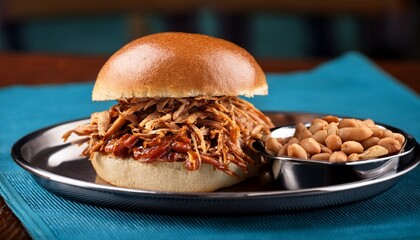 Bbq Pulled Pork Sandwich Sitting On Diner Tray With Hot Peanuts Side Dish