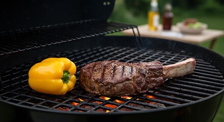Grilled steak and yellow pepper on a charcoal grill outdoor cooking scene