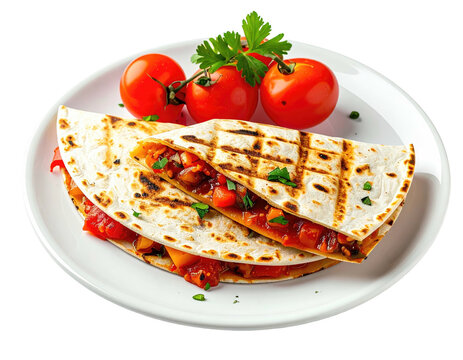 Grilled quesadillas on a white plate with fresh tomatoes and parsley garnish