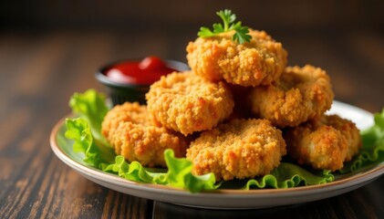 Fototapeta premium Crispy breaded chicken nuggets, lettuce, ketchup , chicken nuggets, food, culinary