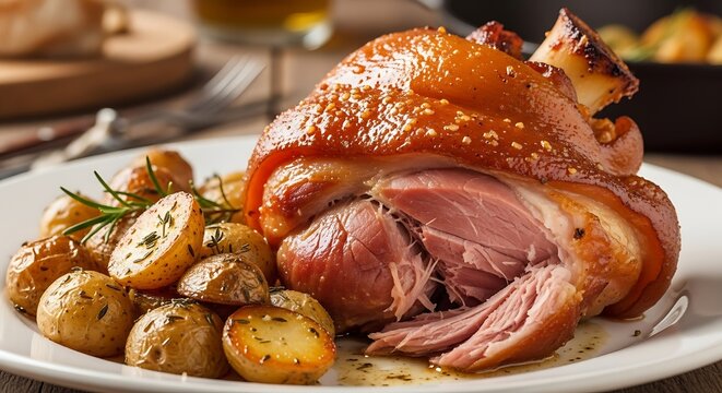 Roasted Pork Knuckle with Roasted Potatoes.