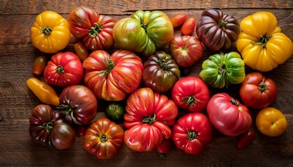 Colorful Assortment Of Heirloom Tomatoes In Various Shapes And Vibrant Colors Fresh Organic Vegetables On Rustic Wooden Background Healthy Farm Produce Close Up Food Photography