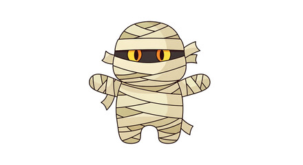 Cute cartoon mummy character with bandages and glowing orange eyes on a white background, standing in a playful pose.