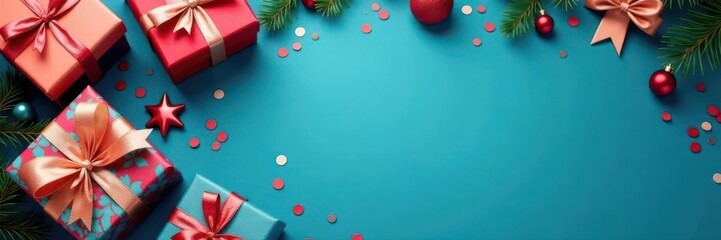 Festive gift boxes arranged as a border on blue Christmas or birthday theme , overhead, wrapped