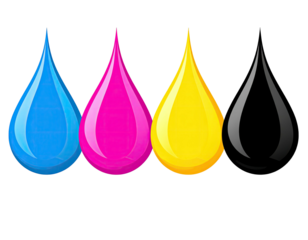 Vibrant illustration featuring four stylized ink drops in cyan, magenta, yellow, and black