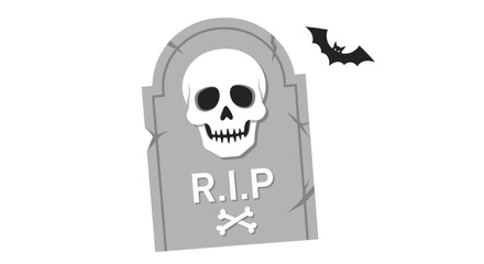 A grayscale illustration of a tombstone with a skull and crossbones, and a bat flying above.