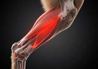 Detailed canine leg anatomy showcases muscle structure and skeletal form, offering a visually engaging view for veterinary education and animal science