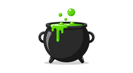 A black cartoon cauldron filled with bubbling green liquid, with drops spilling over the rim and floating bubbles above, on a white background.