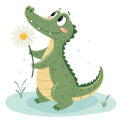 A cute cartoon alligator holding a daisy in the rain.
