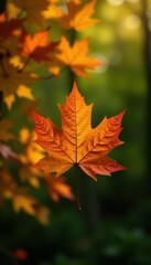Fototapeta premium Orange maple leaf pops against lush green foliage Close-up, autumnal backdrop , seasonal, ecology