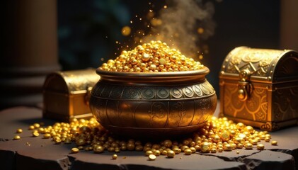 Overflowing gold pot amidst jeweled chests, ancient artifacts, prosperity, treasure, macro