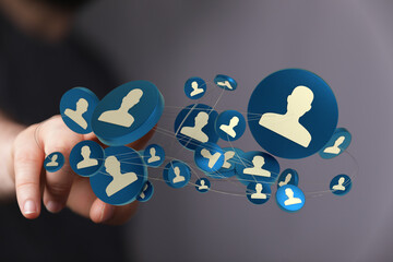 Illustration of a person reaching out to a network of people. Shows connection, communication and...