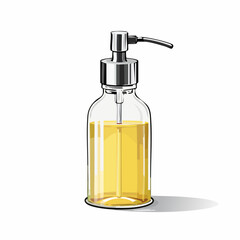 Clear glass bottle with a silver pump filled with yellow liquid, likely soap.