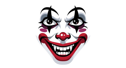 Vector illustration of a scary, evil clown face with sharp vampire fangs and a menacing grin.