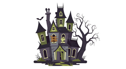 A spooky, dilapidated haunted house with a crooked silhouette, dark windows, and a bare, gnarled tree under a cloudy sky, evoking a sense of Halloween mystery and fright.