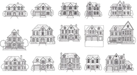 Collection of various residential house architectural designs in line art